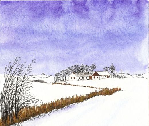 Gård i sne  2008  20cm x 17cm