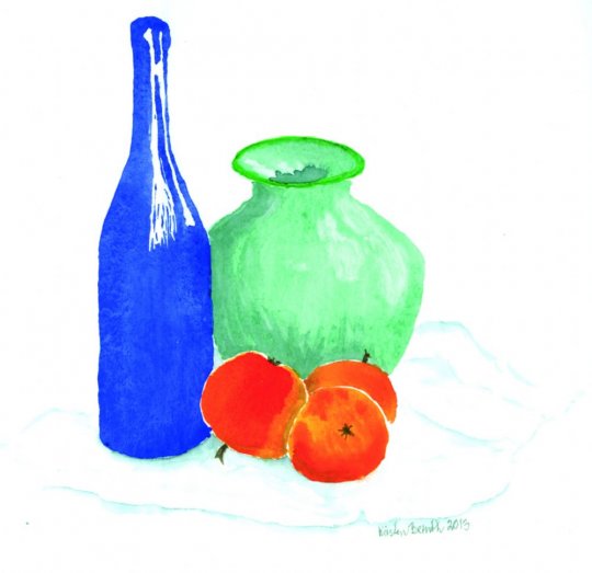 Glasflaske, -vase og æbler  2013  26cm x 25cm